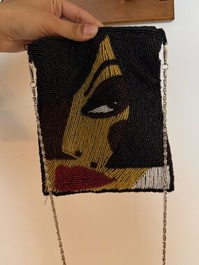 Hand-Beaded Face Motif Crossbody Bag in Black and Gold